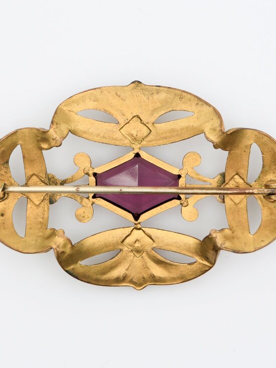 Antique Art Nouveau Brass Openwork Purple Rhinestone Sash Pin 1900s - Picture 2 of 3